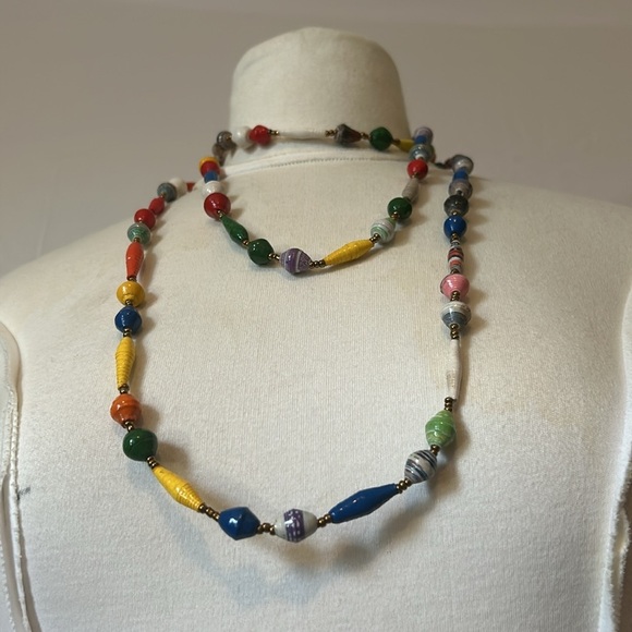 Hand Made Beaded Necklace Made out of Recycled Paper. Fair Trade. Long, 30 inch - Picture 4 of 7